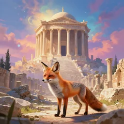 A beautiful small fox in the huge ruins of the second temple in Jerusalem :: Dreamy sky :: The third temple hovers quietly in the sky above :: Very colorful painting 8k trending on art station :: Intricate details, very realistic, cinematic lighting, volumetric lighting, photographic blur bokeh defocus dof sky.