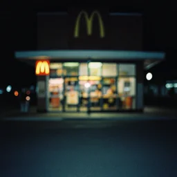 circa 2 0 0 2 1 3 mm film photograph of an empty mcdonalds, liminal, dark, flash on, blurry, grainy, unsettling