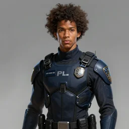 portrait of a man by greg rutkowski, he is about 2 0 years old, mixture between afroamerican and japanese, afro hair, young, very tall and slender, he is wearing a futuristic police gear, highly detailed portrait, digital painting, artstation, concept art, smooth, sharp foccus ilustration, artstation hq