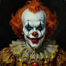 baroque neoclassicist close - up portrait of a retrofuturistic horror clown dripping in toxic slime. dark black background, glowing atmosphere. highly detailed science fiction painting by norman rockwell, frank frazetta, and syd mead. rich colors, high contrast, gloomy atmosphere. trending on artstation and behance.