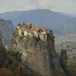 detailed naturalism landscape painting of a monastery on the top of a rough, steep mountain with great view on other mountains