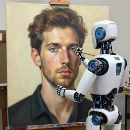 robot artist painting a self - portrait on a canvas. intricate, highly detailed, digital matte painting, in the style of alexandros pyromallis, and in the style of sachin teng, and in the style of hans thoma, and in the style of clyde caldwell. irony, recursion, inspiration.