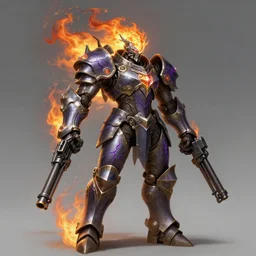 a highly detailed illustration of dieselpunk cyber knight with flowing flaming plume with machine gun arms, rigid bulky armor, purple glowing cracks in armor, dramatic standing pose, intricate, elegant, highly detailed, centered, digital painting, artstation, concept art, smooth, sharp focus, league of legends concept art, WLOP