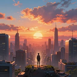 alone person tempted by the desperate call of the void, futuristic cityscape, wide shot unreal 5 render, studio ghibli, vivid colors, beautiful sunset, digital art, octane render, beautiful composition, trending on artstation, award winning photograph, masterpiece