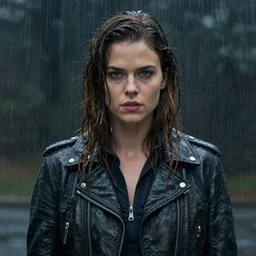 portrait of kiernan shipka in the rain wearing a leather jacket, hyperrealistic, very detailed painting mark brooks
