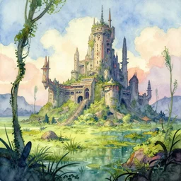 futuristic scifi castle in a lush quagmire. watercolor by award - winning chilean comic artist, depth of field, vibrant colors.