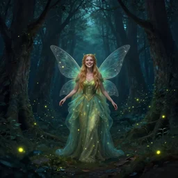 a joyful fairy queen, in a dark forest, telephoto, rule of thirds, symmetry, beautiful, magical, fireflies, mysterious matte painting by greg rutkowski and marc simonetti and ivan shishkin, 4 k