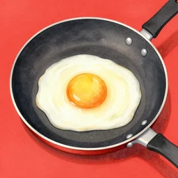 egg on a frying pan, kseniia yeromenko, rob duenas, watercolor, illustration, red background, highly detailed