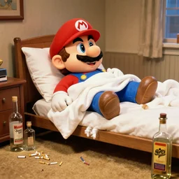 super mario waking up and dressing for the job, 1 9 8 0 s photograph of the room, cigarette butts, empty tequila bottles