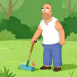 homer mowing the grass in a tank top