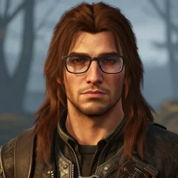 a screenshot of a handsome guy with very long brownish! hair, with nerdy glasses in fallout 4