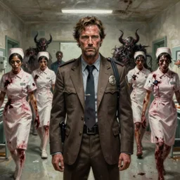 matthew mcconaughey in silent hill. police detective in a brown messy suit. world weary, horror, gloomy. grime, dirt, motor oil. bloody zombie nurses hobbling in the dilapidated hospital. oil painting, highly detailed, centered, digital painting, artstation, concept art, smooth, sharp focus, illustration, artgerm, tomasz alen kopera, peter mohrbacher, donato giancola, joseph christian leyendecker, zdzisław beksinski, drew struzan, hell demons
