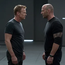 film still, patrick stewart facing off against jason statham in a new netflix sci - fi action movie, wide shot