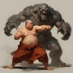 monk who is shirtless male, muscular, chubby, punching a monster DnD character art portrait, matte fantasy painting, DeviantArt Artstation, by Jason Felix by Steve Argyle by Tyler Jacobson by Peter Mohrbacher, cinema