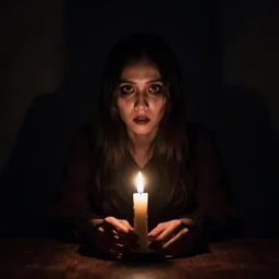 a person in a dark room lit by a single candle, looking at the camera, creepy, suspenseful, horror
