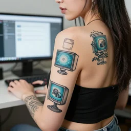 a woman with tattoos that are computers