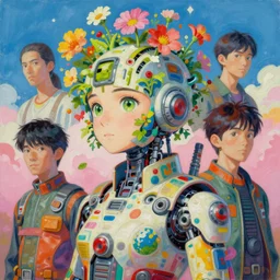 surreal gouache painting, by yoshitaka amano, by ruan jia, by conrad roset, by kilian eng, wide angle, by good smile company, detailed anime 3 d render of a mechanical android head with flowers growing out, portrait, cgsociety, artstation, modular patterned mechanical costume and headpiece, retrowave atmosphere