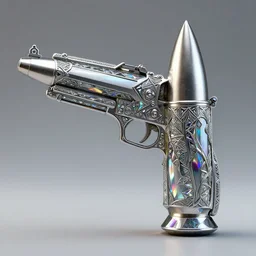 geometric mathematical bullet gun shaped metal sculpture with ornate crystal glass elements reflecting rainbows into iridescent patterns in the shape of a silver bullet by jack storms, octane render, 4 k, intricate, detailed, 3 d