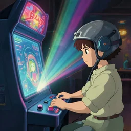 a magic gaming machine connected to a boy with a helmet and electric cable with colorfull rays of light illuminate the environment by vanessa morales, studio ghibli,