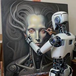 robot artist painting a self - portrait on a canvas. intricate, highly detailed, digital matte painting in the style of gil elvgren and in the style of h. r. giger and in the style of sachin teng. irony, recursion, inspiration.