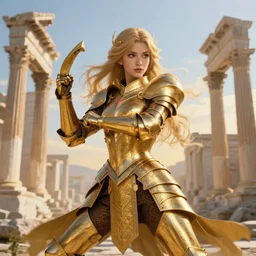 portrait knights of zodiac girl, golden and copper shining armor, karate pose, in ruined agora of athens sunrise, ssci - fi and fantasy, intricate and very very beautiful and elegant, highly detailed, digital painting, artstation, concept art, smooth and sharp focus, illustration, art by tian zi and wlop and alphonse mucha and z - - ed