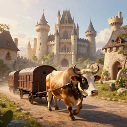 wagons pulled by an ox at the robust fantasy castle courtyard, calming, uplifting mood, ultra realistic, funny, small buildings, highly detailed, epic lighting, illuminated, cinematic, morning, art by eddie mendoza