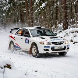 a 2 0 0 1 mazda mazdaspeed familia, racing through a rally stage in a snowy forest