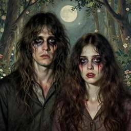 two handsome but creepy people in layers of fear, with haunted eyes and tangled hair, 1 9 7 0 s, seventies, wallpaper, woodland a little blood, moonlight showing injuries, delicate embellishments, painterly, offset printing technique, by coby whitmore, jules bastien - lepage, john howe