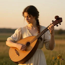 Tall Englishwoman playing the lute. Slender neck. Master Lutist with dark hair braided hair.  Art by William-Adolphe Bouguereau. During golden hour. Extremely detailed. Beautiful. 4K. Award winning.