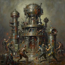 oil paint of 1 1 tiered flayed god machines, cluster battle chaos, hydrocracking battles, medical, dystopian, patina sheen rotting, by alberto bontempi, alex ross, shigeru komatsuzaki, wayne d barlowe, alex ross, stefano tamburini, simon bisley & boris vallejo, enric torres, hyper realism, narrative light, muted