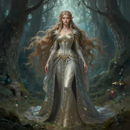 full body of a fantasy elf female sorceress queen with long hair flowing in an ancient forest filled with magic, highly detailed, digital painting, artstation, smooth, sharp focus, illustration, art by artgerm and greg rutkowski and alphonse mucha, intricate dress, fine face