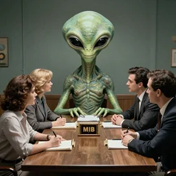 A picture of a MIB meeting an extraterrestrial alien based on 50's stereotypes, hyperdetailed award winning surrealism