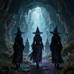 witches walking through a magical portal in an ethereal cave ,highly detailed, 4k, HDR, award-winning, artstation, octane render