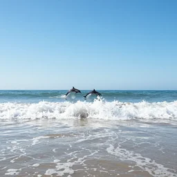 first person view of breaking waves on the shore, summer, clear beautiful sky, bright sky, dolphins dolphin swimming, peaceful, amazing, by andreas rocha and john howe, and Martin Johnson Heade, featured on artstation, featured on behance, golden ratio, ultrawide angle, f32, well composed