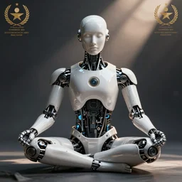 biometric humanoid robot meditating, futuristic cyborg, intricate detail