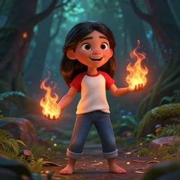 Full body, clothed. realistic style at CGSociety by WLOP, Ilya kuvshinov, Krenz Cushart, Greg Rutkowski, trending on artstation. Realistic fantasy cute indigenous brunette Pixar-style young girl, expressing joy, silky hair, wearing a red-sleeved white t-shirt with jeans, she has fire powers, Cinematic dramatic atmosphere of a mystic forest, sharp focus, soft volumetric studio lighting.