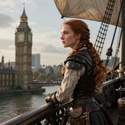 Steampunk Katniss Everdeen as an airship captain, looking out over Victorian London