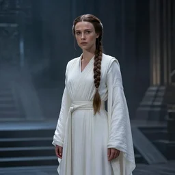 film still of millie bobby brown as princess leia in star wars movie, long braided hair pulled back, wearing long white robe in a sith temple, deep focus, glamour pose, dramatic lighting, octane, mist, volumetric lighting, 8 k