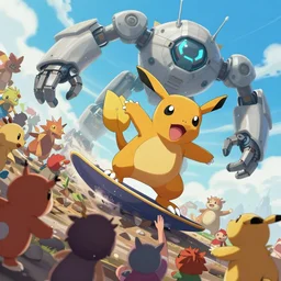 crowd surfing raichu against the machine, digital art
