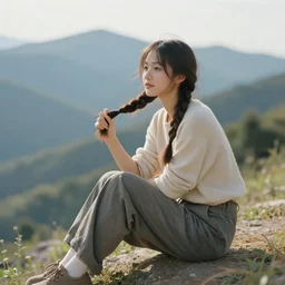 a beautiful girl sits in the mountains and braid her hair - fantasy art