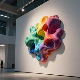: 2 point perspective colorful abstract melty sculpture on the wall in modern architecture, cinematic lighting, hyper - realistic, detailed, render by c 4 d octane, unreal engine, 8 k 3 d render