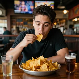 sitting at a sports bar eating a nachos
