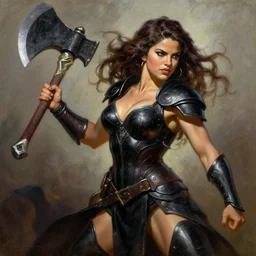 a frank frazetta oil painting of selina gomez as a beautiful muscular salma hayek wearing black armor holding a large battle axe, dynamic shot, hd 4 k, intricate, highly detailed, atmospheric, sharp