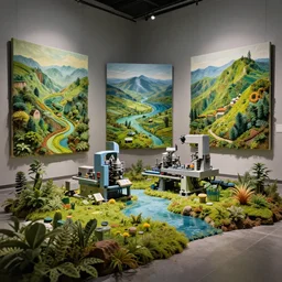 award winning photo of machines creating natural landscapes on canvases, dramatic lighting, 4 k