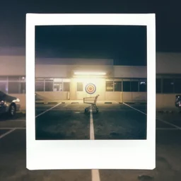 Target building at night with fog in a car park with a single shopping trolley liminal space photograph Polaroid