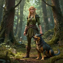 hyperrealistic Elf hunter and his dragon-dog scouting forest, in the style of artgerm & artstation