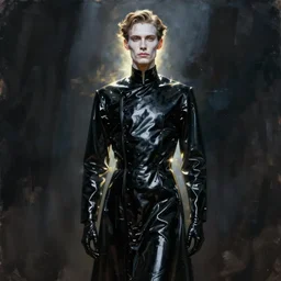 painting of a beautiful tall thin man with pale skin, in black latex robes by bill sienckiwicz, high detail, high contrast, rim light, atmospheric