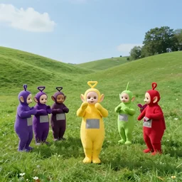 Teletubbies performing cult sacrifice on sunny green hills, film still from the movie directed by Denis Villeneuve with art direction by Zdzisław Beksiński, wide lens