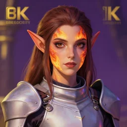 A professional digital portrait painting of a young adult female tiefling with (skin that looks like fire), dressed in light armor, 4k, digital art, trending on cgsociety, highly detailed, paint by Wes Anderson, head and shoulders shot, shallow depth of field, purple and yellow lighting, professional lighting, airbrush, Hayao Miyazaki