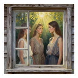 3 d, close - up, two fashion models, old wood house window, morning, sun rays, forest, poster art, intricate oil painting, high detail, figurative art, multiple exposure, poster art, 3 d, by stanley kubrick and tooth wu and wlop and beeple and greg rutkowski